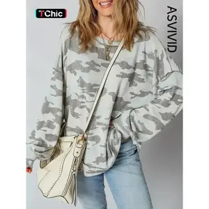 Women's Casual Elegant Vintage Camo Print Stitching Drop Shoulder Round Neck Sweatshirt, Fall Winter Fashion Pullover
