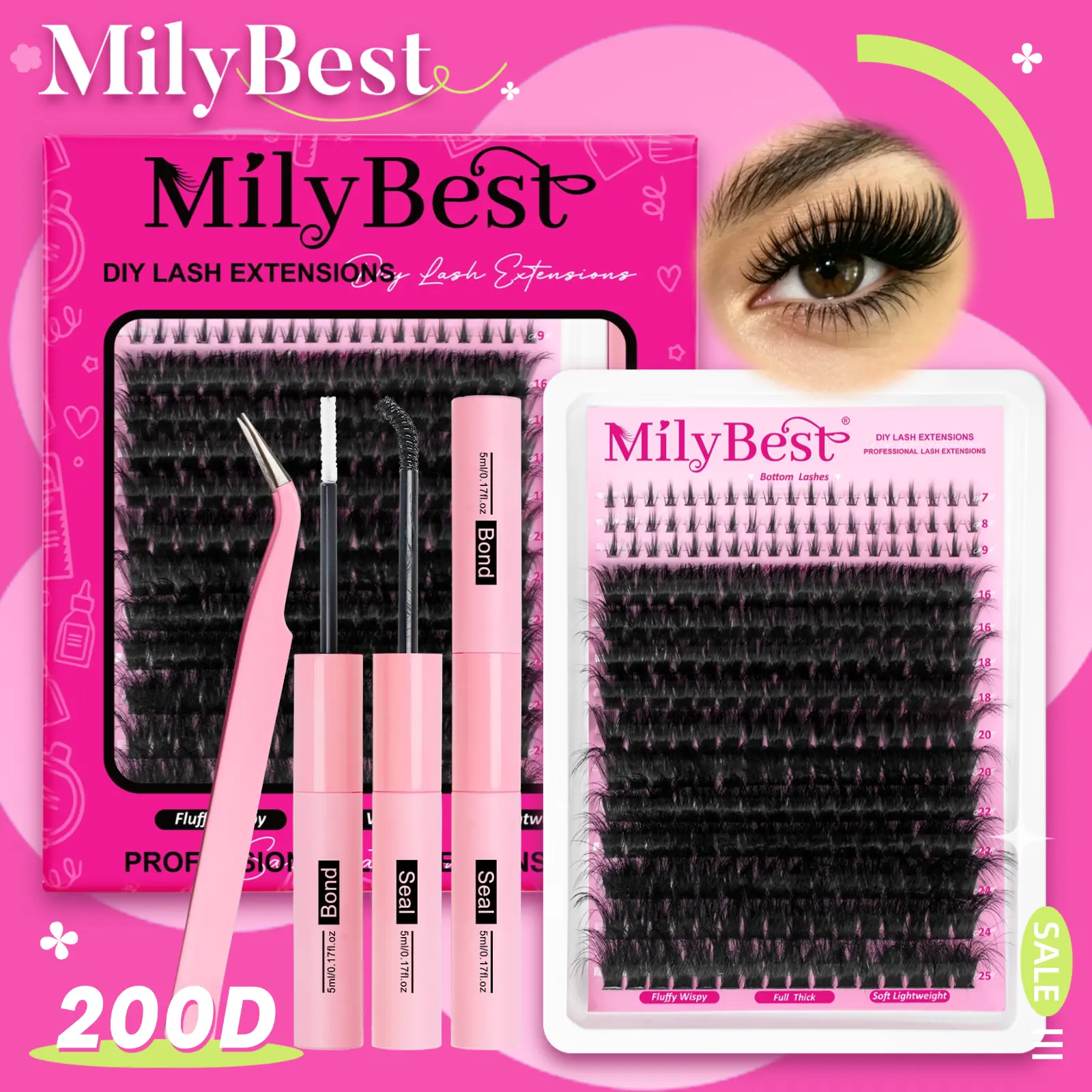 Milybest 200D Fluffy Lash Clusters 16–25mm | Wispy D Curl DIY Eyelash Extensions 224pcs Soft Natural Salon Look at Home