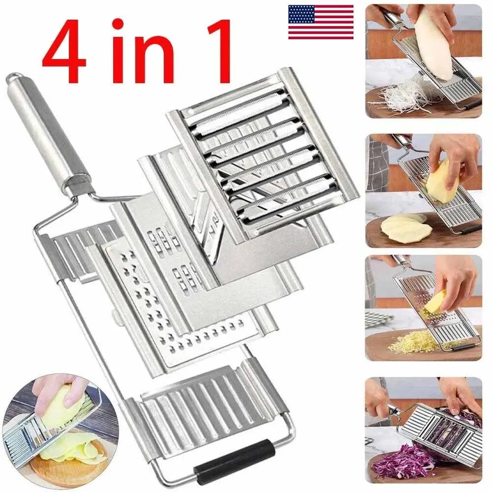 Stainless Steel Mandoline Slicer with 4 Blades, Compact Grater with Smooth Edges for Vegetables and Fruit, 13.8×3.7×1.18 inch, Home Cooking, Utensils, Juliened Slices, Compact Form, Firm Cheeses, Safe Simple Structure, Kitchen, Space-Saving Compact Size