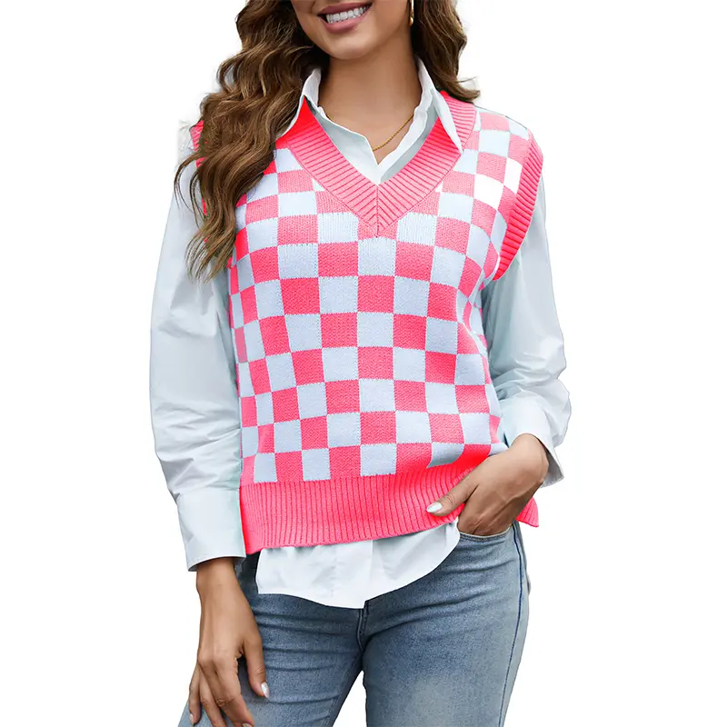 ODEFOU Women's Plus Size Elastic Plaid Pink Sweater Vest - Lady's Casual Comfy Vest, Christmas Top, Ideal Valentine's Day Gift for Moms, Spring Womenswear Fashion Piece, Casual Comfy Vests