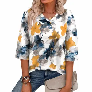 Women's Boho Floral 3/4 Sleeve V Neck T Shirt, Casual Bohemian Print Loose Fit Tops for Women, Summer Dressy Casual Blouse Tee, Lightweight Tunic Top for Beach Vacation, Work, Party, Travel and Daily Wear，S-5XL