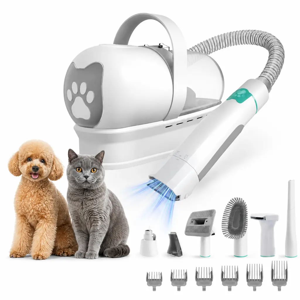 Pet Grooming Kit and Vacuum for Dogs Cats, 7-in-1 Dog Shedding Groomer with Clippers, Grooming Brush, Paw Hair Trimmer, Nail Grinder and 6 Guide Combs