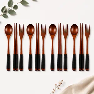 4 Sets Wooden Tableware Set – Handmade Korean Spoon, Fork & Chopsticks with Black Grip Handles, Heat-Resistant Flatware for Family Meals – Perfect for Couples, Kids, or Parents – Buy 4 Get 2 Free – Ideal Mother’s & Father’s Day Gift