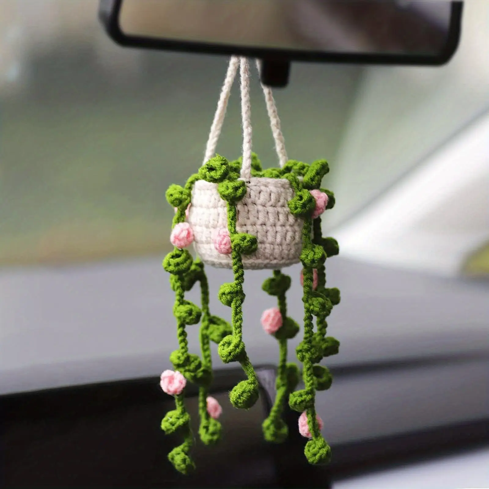 Car Rear View Mirror Hanging Decoration, Crochet Flower Pot Design Car Decorative Pendant, Car Interior Accessories