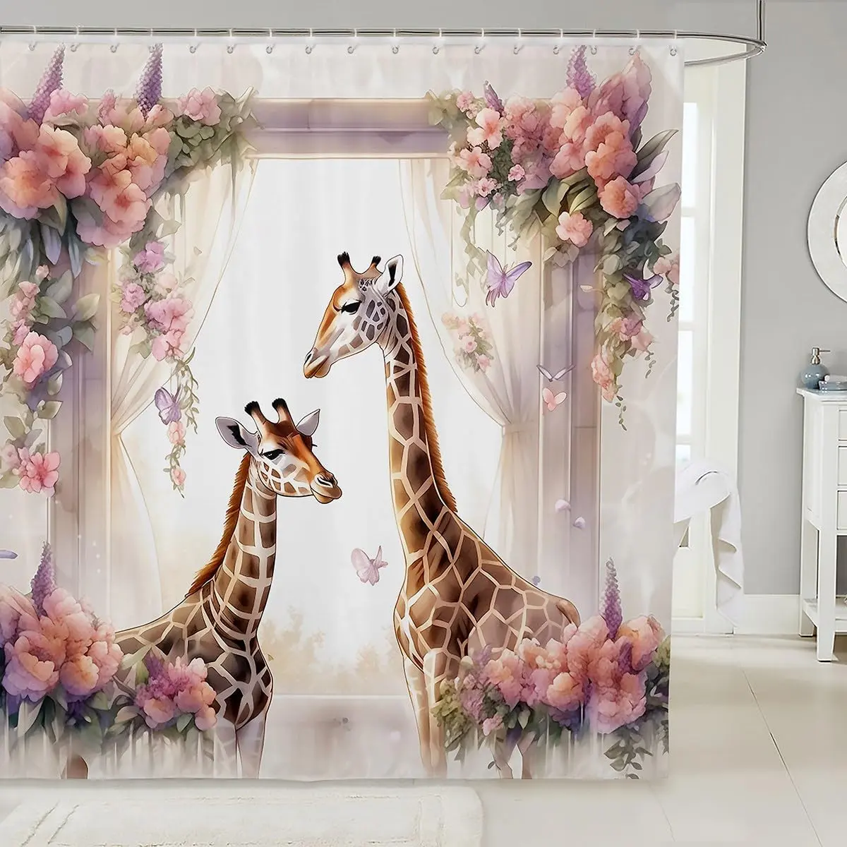 Giraffe Couple Shower Curtain,Pink Rose Flower Bathroom Decor Women Adult Room,Romantic Wedding Theme Waterproof Wild Animals Lover Bath,