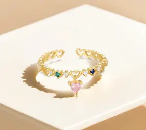 18K Gold Plated 925 Silver Adjustable Barbie Pink Heart-Shaped Pendant With Multi-Color Zirconia Ring