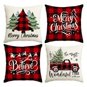 4pcs Christmas decoration pillowcases, square cushion cover 45 * 45cm, single-sided printing, grid Christmas tree truck design cushion cover, suitable for Christmas party rooms, living rooms, sofas, terraces, home decoration, Christmas cushion cover, gift