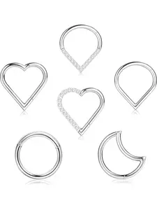 6 Pcs Septum Rings Stainless Steel Daith Piercing Jewelry CZ Moon Heart Teardrop Seamless Hinged Clicker Nose Rings Lip Rook Conch Tragus Cartilage Helix Daith Piercing Jewellery