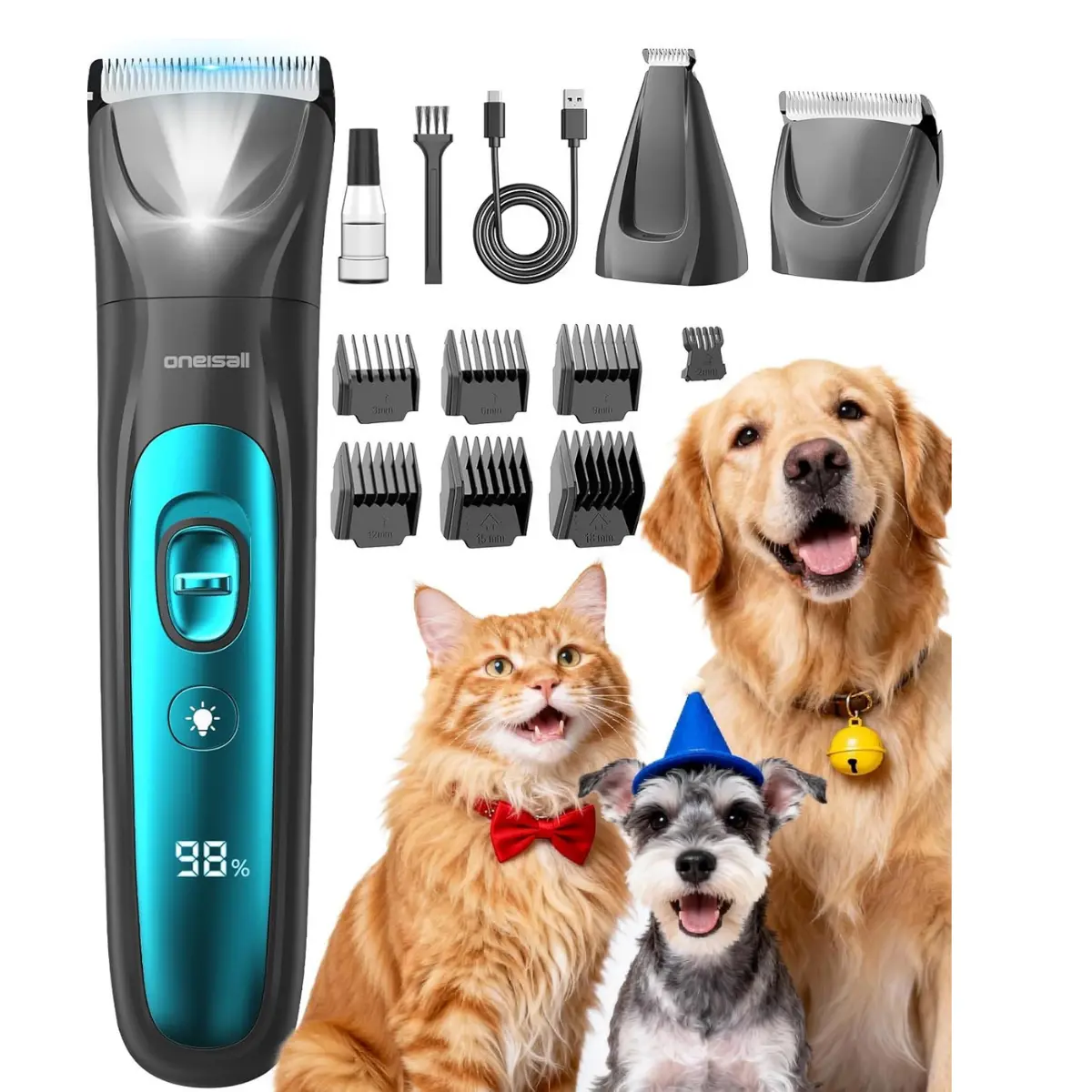 Cordless 2-in-1 LED Light Pet Grooming Kit, 2000mAh Electric Dog Clippers for Paw, Face, Ears, Body
