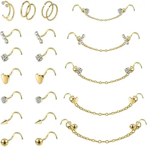 20G Nose Rings Studs with Chain Piercing Across Double Nose Stud Nose Hoop Spike Heart Ball CZ Surgical Steel Nostril Piercing Jewelry for Women Men, Black Silver Gold