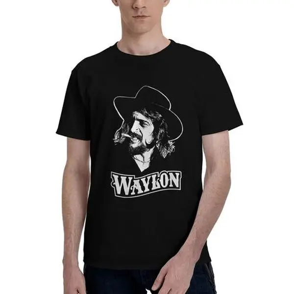 [Casual Style] Waylon Jennings Pattern T-shirt, Cotton round Neck% T-shirt, Casual Short Sleeve Knitted Fabric Top, Comfortable Fit in All Seasons, Heat Transfer Design, Suitable for Daily and Weekend Wear, Casual Clothing | Classic round Neck | Cotto