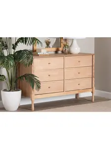 Baxton Studio 193271489596 Laurent Dresser - 6-Drawer Bedroom Organizer with Bamboo-Style Turned Legs, Cottage Farmhouse Storage Cabinet for Clothing or Linens, Beech Brown