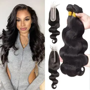 ZGWG Brazilian Body Wave Bundles Human Hair with Closur 2x6 Lace Closure Virgin Human Hair Weave Bundles Qulick Wave Hair Extensions