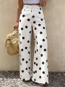 Spring Summer New High-Waisted Elastic Women's Jeans, Casual Wide Leg Pants, Polka Dot Design, Fitted Long Regular Fit