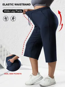 Plus Size Women's Drawstring Pocket Seven-Quarter Casual Pants, Soft Elastic Fabric, Summer Outdoor & Daily Wear, Relaxed Style