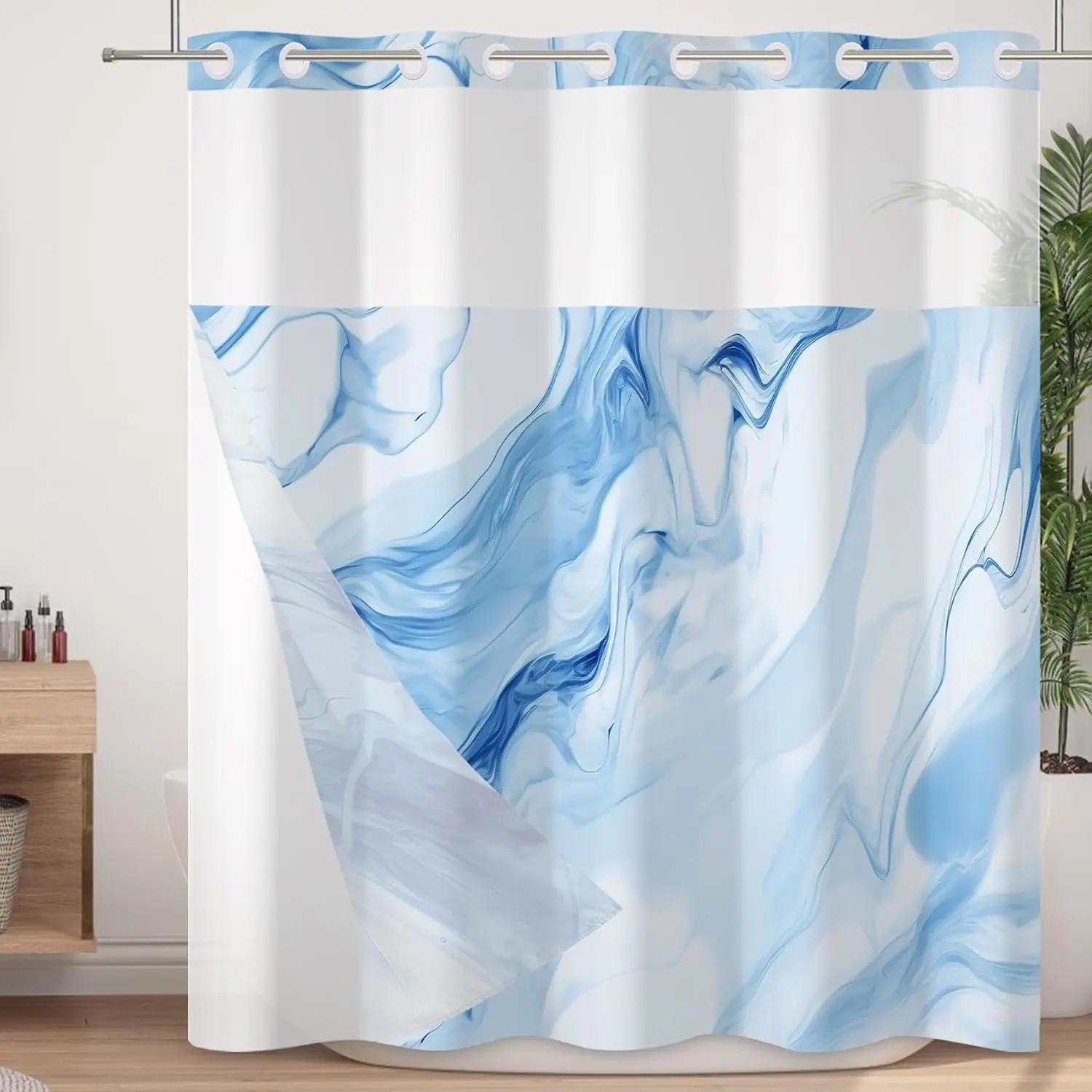 Modern No-Hook Polyester Shower Curtain with Snap-In Liner Set - Blue Marble Ombre Double-Layer, Waterproof Machine-Washable Fabric, See-Through Mesh Top Window, 71x74 in, Split Plastic Ring, for Bathroom, Gym, Dorm Room, Athletic Club, RV