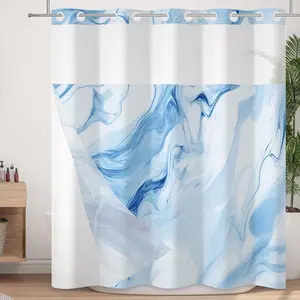 No Hook Shower Curtain with Snap in Liner Set Blue Marble Ombre Bath Curtain Double Layers Waterproof Washable Fabric with See Through Mesh Top Window for Bathroom Hotel 71x74 Inch