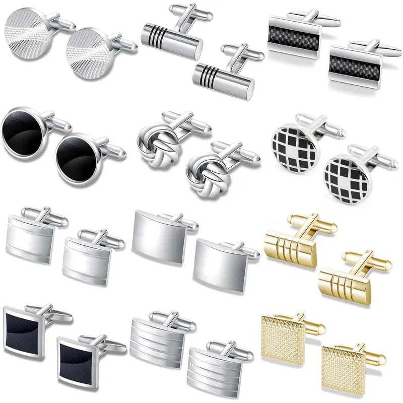 12 Pairs Cufflinks for Men, Classic Silver Gold Cuff Link Set with Round Square Rectangle Knot and Carbon Fiber Designs, Formal Business Wedding Accessories