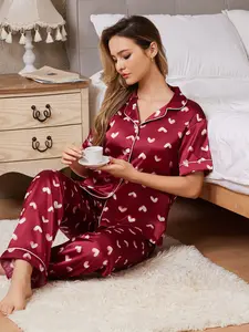 Women's Luxury Sleepwear Set, Short Sleeve Top & Silk-Like Pants, Heart Decor, Comfortable Silk Touch, Elegant Casual Two-Piece Loungewear, Pajama Set