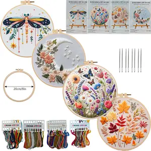 Embroidery DIY Kit with Dragonfly Moon Butterfly & Autumn Designs Complete Art Craft Kit with Threads Needles Hoops for Beginners & Crafters Kit for Adults and Kids bamboo frame