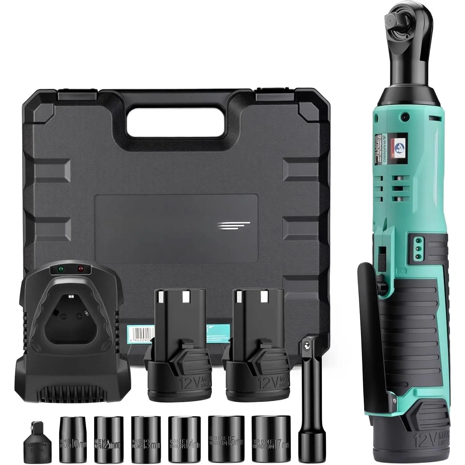 3/8'' Cordless Electric Ratchet Wrench Set,40Ft-Lbs,12V Power Ratchet Wrench Kit with 2 X 2.0Ah , Variable Speed Trigger,6pcs Standard Sockets,1/4'' Adapter,3 inch Extension Bar