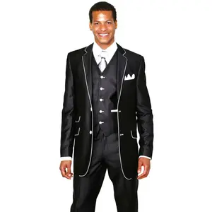 Mens Vested Slim Fit Shiny Sharkskin Tuxedo Suit in Black with White Piping