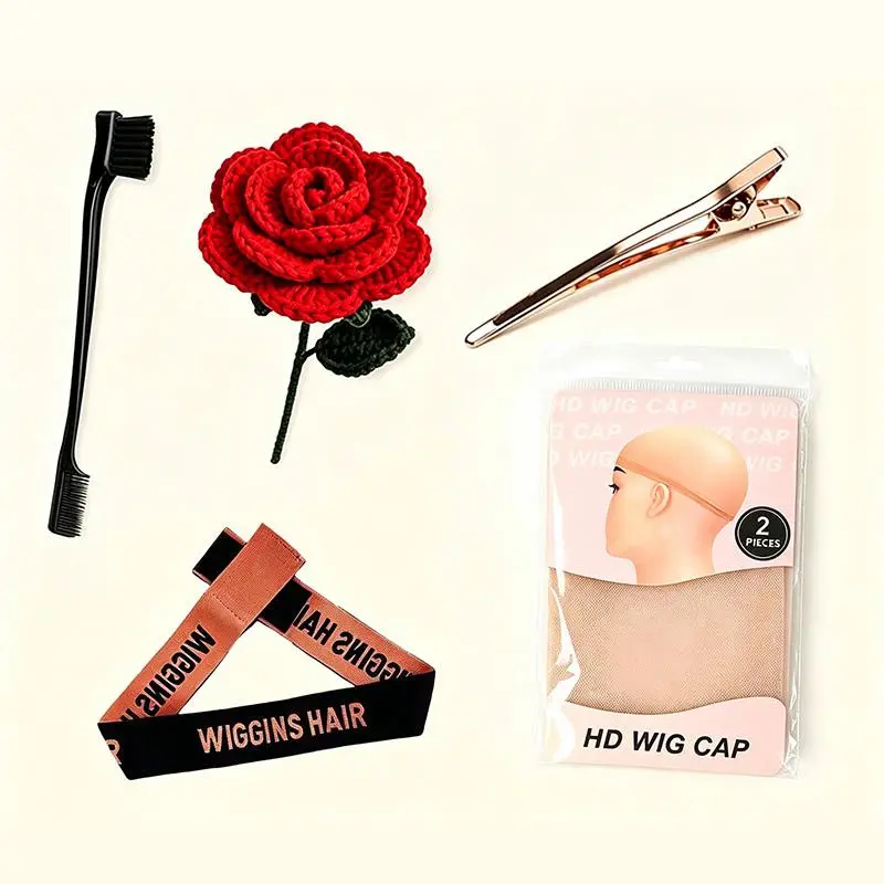 [Free Shipping] Wiggins Hair Gift Set With Elastic Band & Clip & Knitted Flower & Edge Brush & HD Wig Cap, Gift For Girls & Women