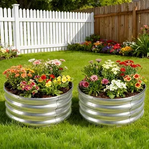 Round raised garden flower pots, 0.6 mm galvanized steel planting boxes, with open bottom, size 2 feet × 2 feet × 1 foot. Installation is simple and suitable for outdoor gardening and decoration.(2 pieces)