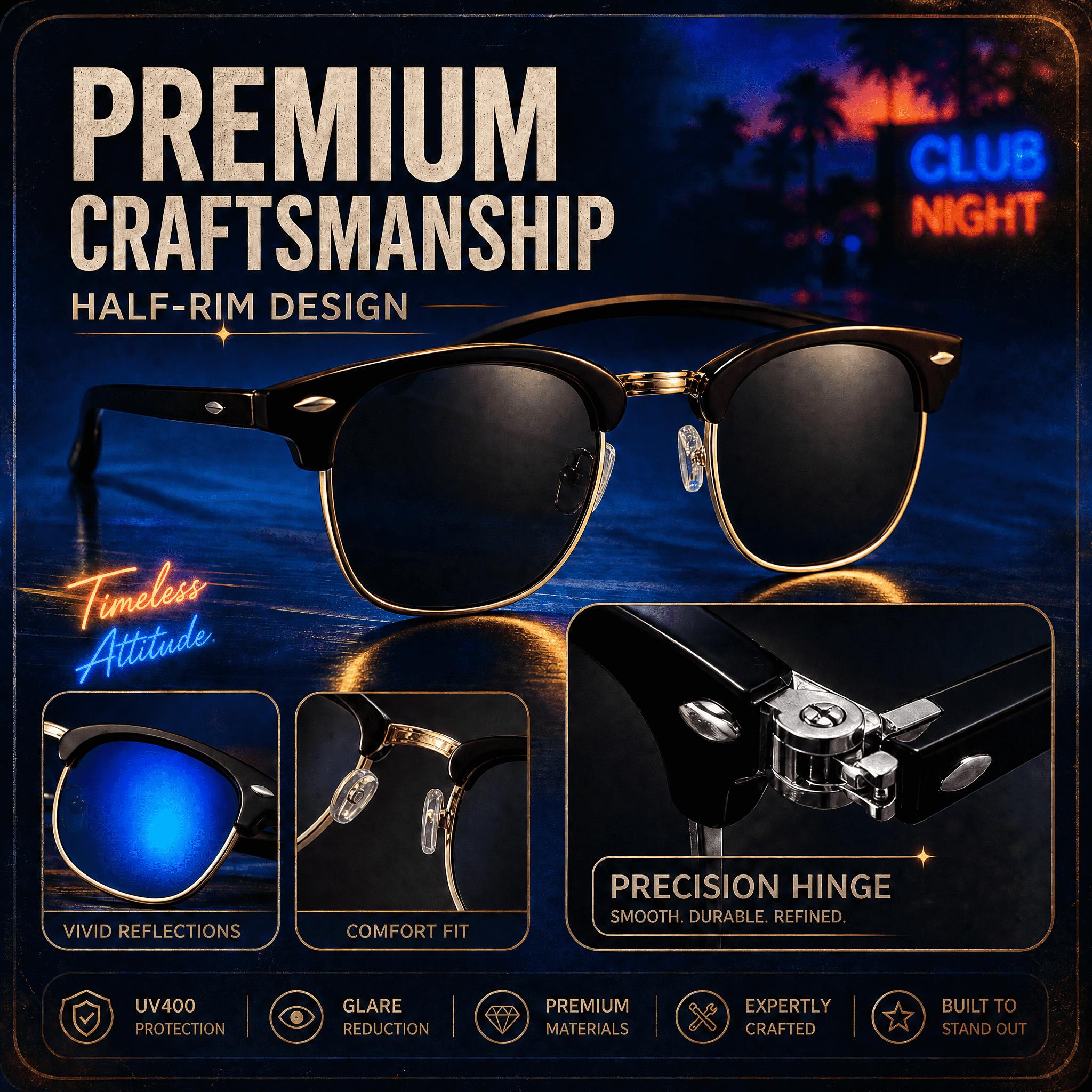 Iconic Clubmaster Sunglasses UV400 Certified, Lightweight,Universal Fit for All Face Shapes, Multiple Lens Options