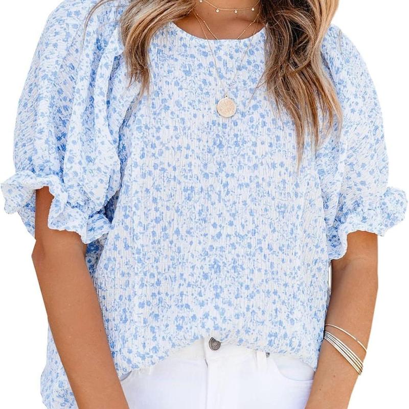 ZEAGOO Womens Blouses Dressy Casual Spring Floral Print Crewneck Smocked Puff Short Sleeve Shirts Springtok