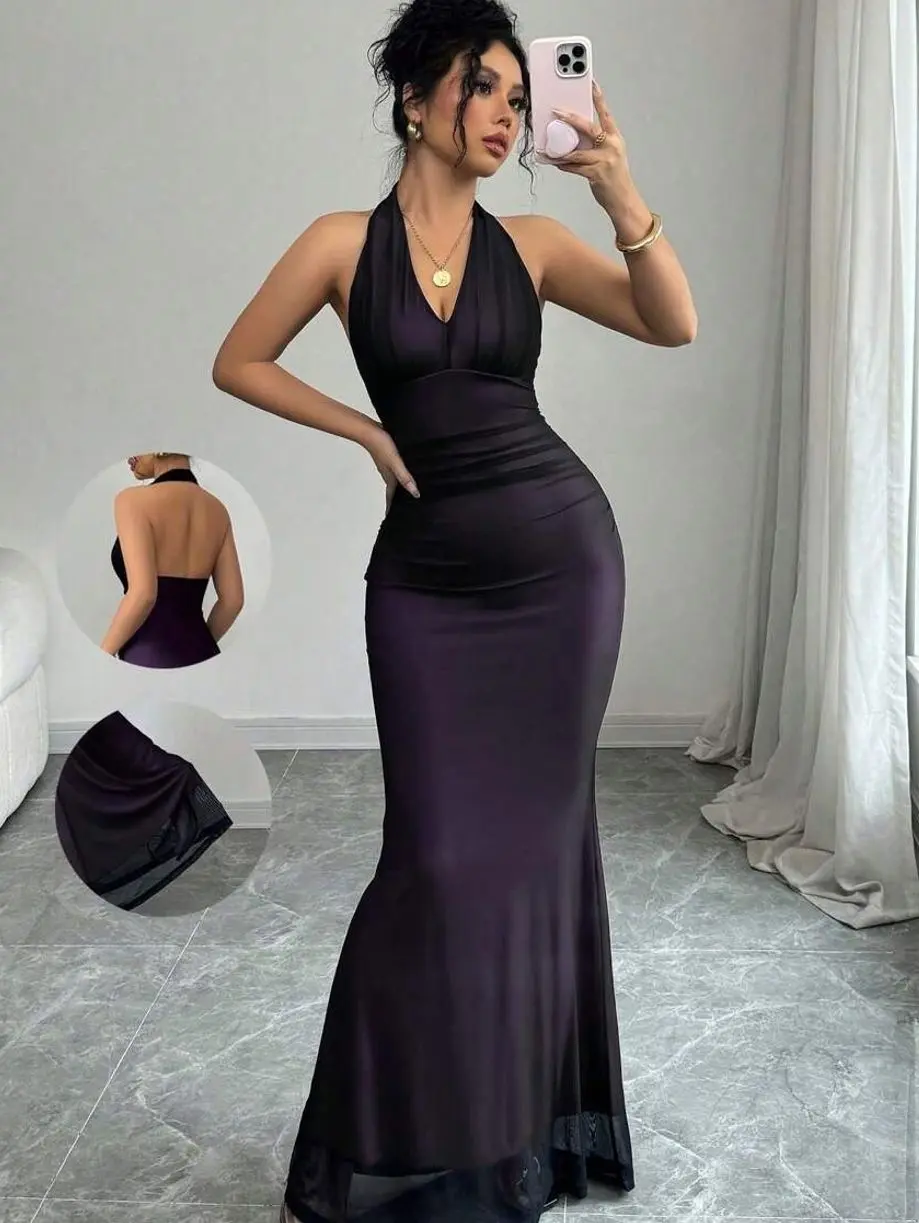 Elegant Bodycon Fishtail Hem V-Neck Waist Pleated Knit Mesh With Fuchsia Lining Long Dress For Women, Autumn/Winter