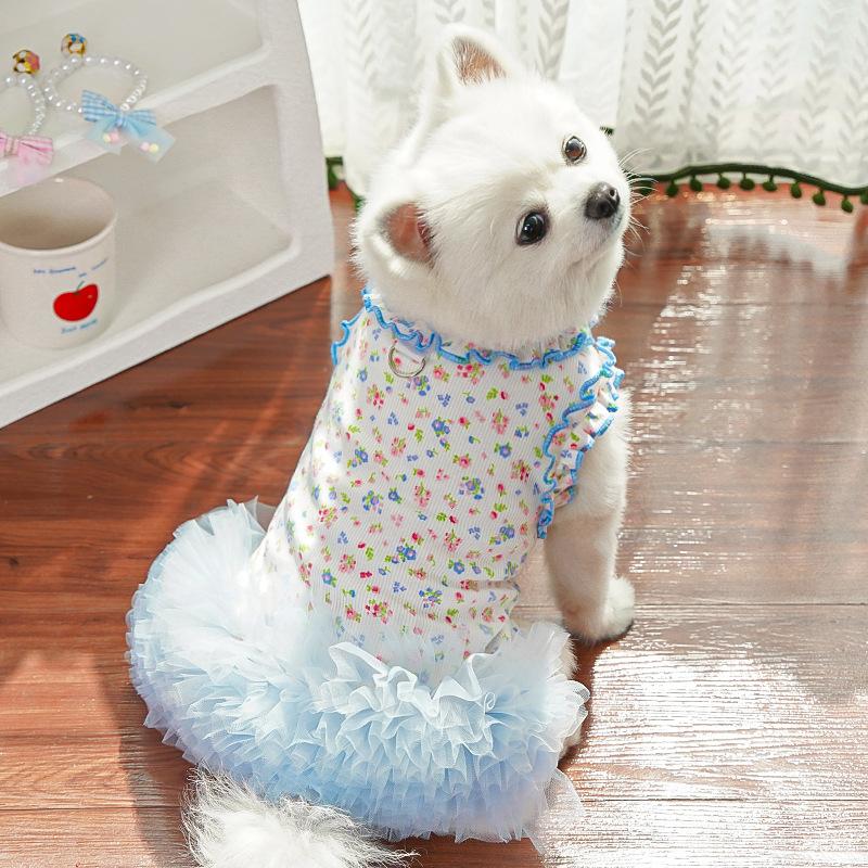 Pet Clothes Dog Cat Princess Mesh Dress Floral print Lace sleeveless Cute Breathable With Leash Ring D00048