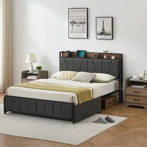 Garvee Queen Size Bed Frame with Storage Headboard and 2 Drawers, Linen Upholstered Platform Bed Frame with Charging Station, Heavy Duty, No Box Spring Needed, Easy Assembly, Noise Free, Grey&Brown