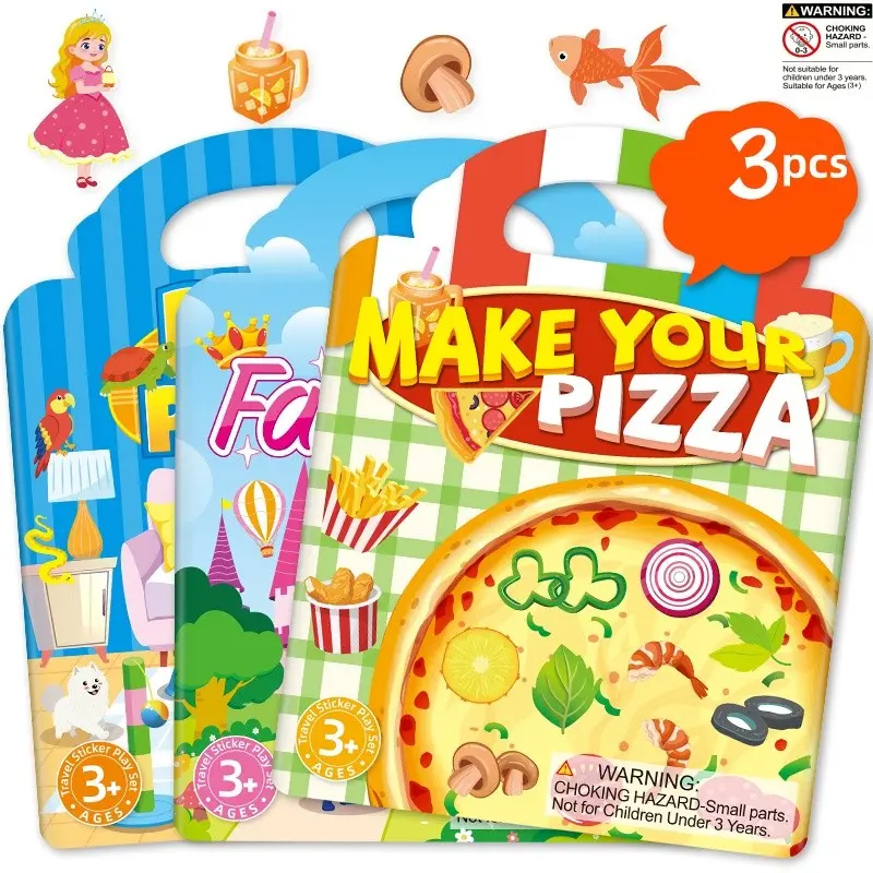 3-Pack Reusable Jelly Sticker Books, Dinosaur Space Ocean Princess Pizza Pet Themes, Creative Multi-Theme Craft Sticker Toy, Kids Gift