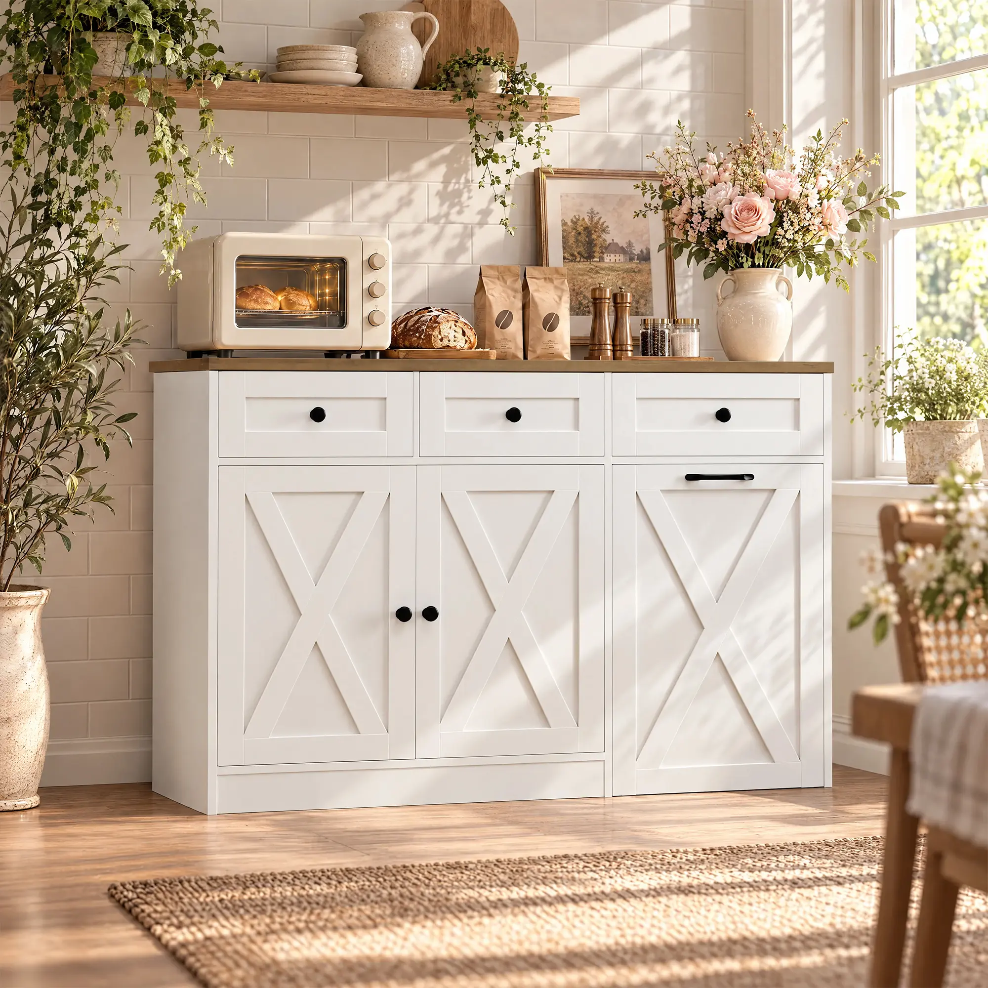 HOSTACK 47"W Rectangular Engineered Wood Durable Indoor Cabinet - 13 Gal High Capacity Kitchen Furniture with Multiple Drawers, Hidden Panel Cabinet Enclosure for Modern Kitchen Organization,familyfun familyfun