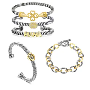 Aprilery Love & Lucky Two-Tone Bracelet Set — 5-Piece Cable and Chain Design with Heart, MAMA Letter & Zircon Detail, Adjustable, Gift-Ready Faith Wear Jewelry