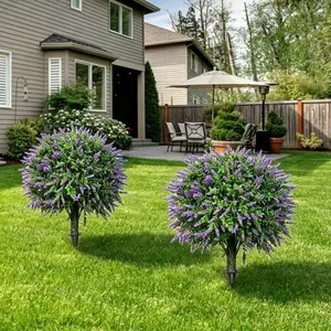 Megahit 2-Pack Artificial Lavender Boxwood Topiary Ball with Ground Spike, 22 Inch UV Resistant Faux Plants for Outdoor & Indoor Decor, Garden, Patio, Porch, Yard