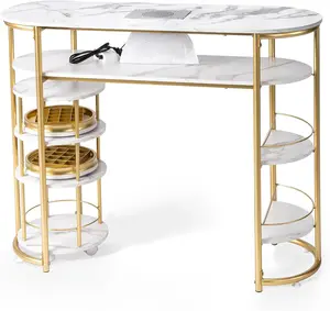 summervibes Karlhome Manicure Table w/Dust Collector & Trolley, White Marbling Modern Nail Station w/Rolling Storage Cart, Nail Desk for Nail Tech, for Salon Spa Beauty Makeup, Acetone Resistant