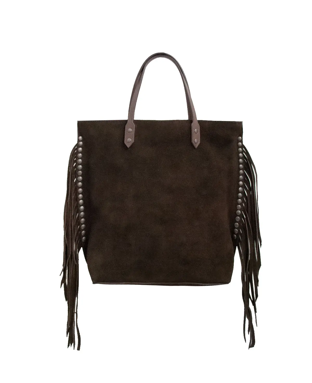 Chavela Studded Tote Bag with fringes: Soft Espresso Coffee