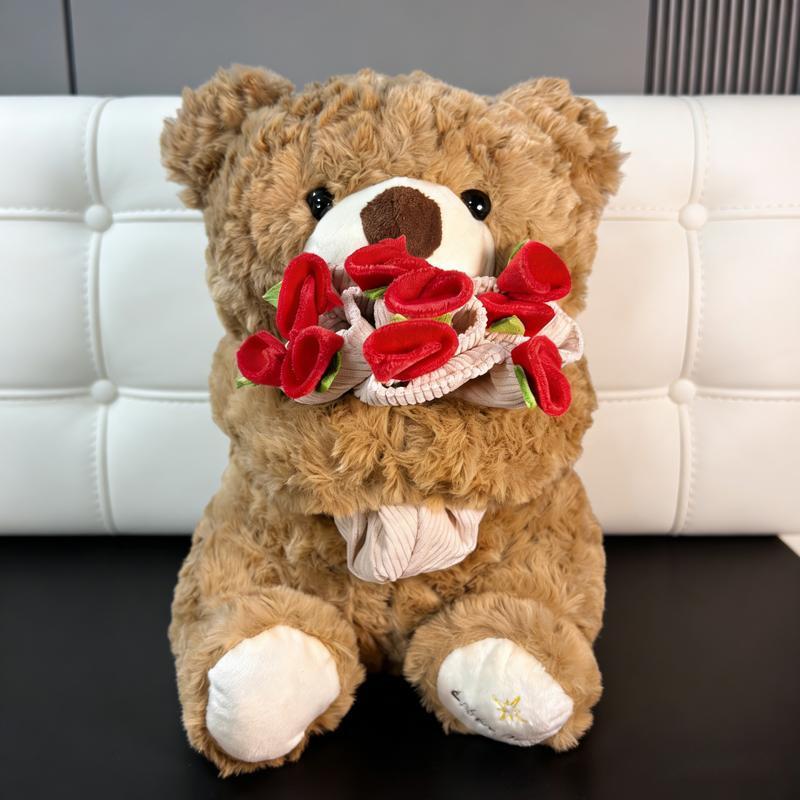 Plush Teddy Bear with Rose Bouquet, Soft Stuffed Animal Toy, Perfect Gift for Valentine's Day, Anniversaries, Birthdays, Romantic Occasions, Soft Cuddly Gift