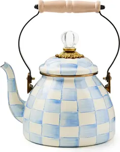 Enamel Tea Kettle, Decorative Tea Kettle for Stovetop, 2 Quarts, Light-Blue-and-White Sky Check