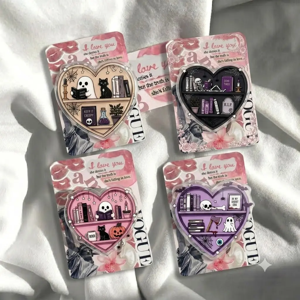 Spooky Bookish Heart Phone Grip, Dark Academia Witchy Bookshelf Acrylic Cell Phone Holder, Pastel Goth Halloween Ghost Magnetic Stand for Women and Girls