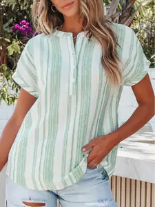 Women's Green Breathable Gauze Half Button Short Sleeve Casual Blouse, Breathable Summer Top, Lightweight Textured Tunic