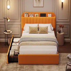 Twin Bed Frame with Storage Headboard, Kids Bed Frame with 2 Drawers, Boucle Upholstered Platform Bed with Bookcase, No Box Spring Needed, Easy Assembly, Yellow high
