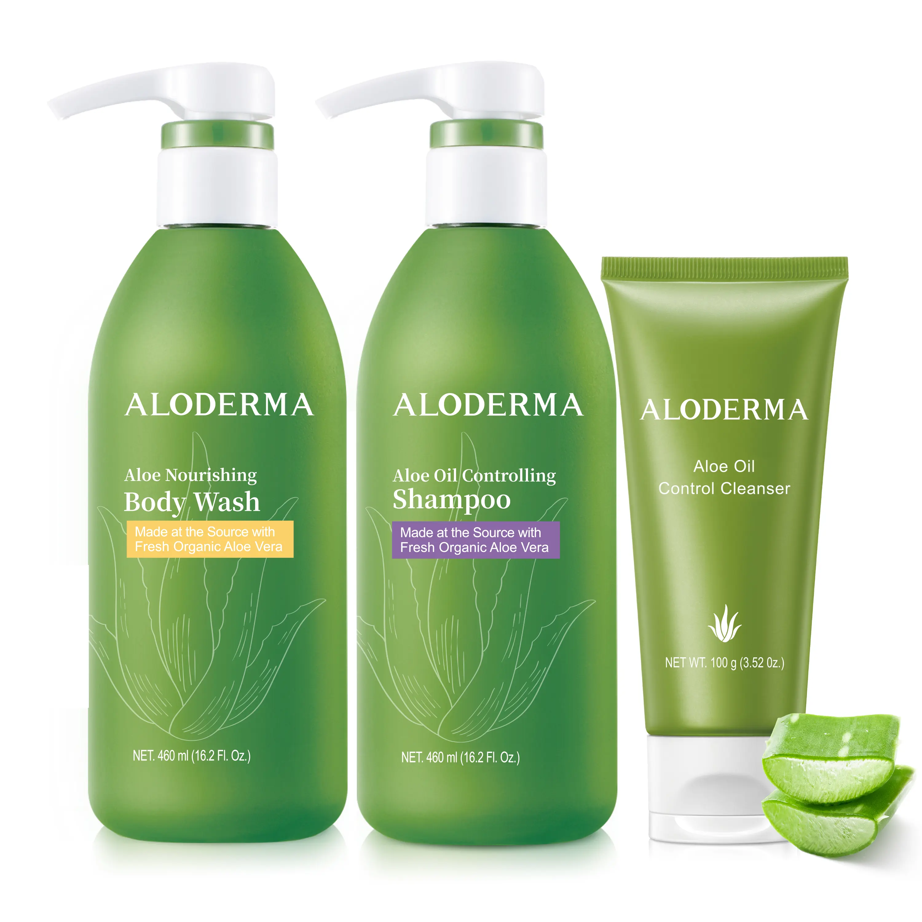 ALODERMA 3-Piece Organic Body Care Kit with Calming Aloe Vera - Includes Nourishing Body Wash, Acne Cleanser & Oil Control Shampoo for Sensitive Skin, Cleansing, Tea Tree, Hydrating, Gentle Soft Body Wash & Shower Gel