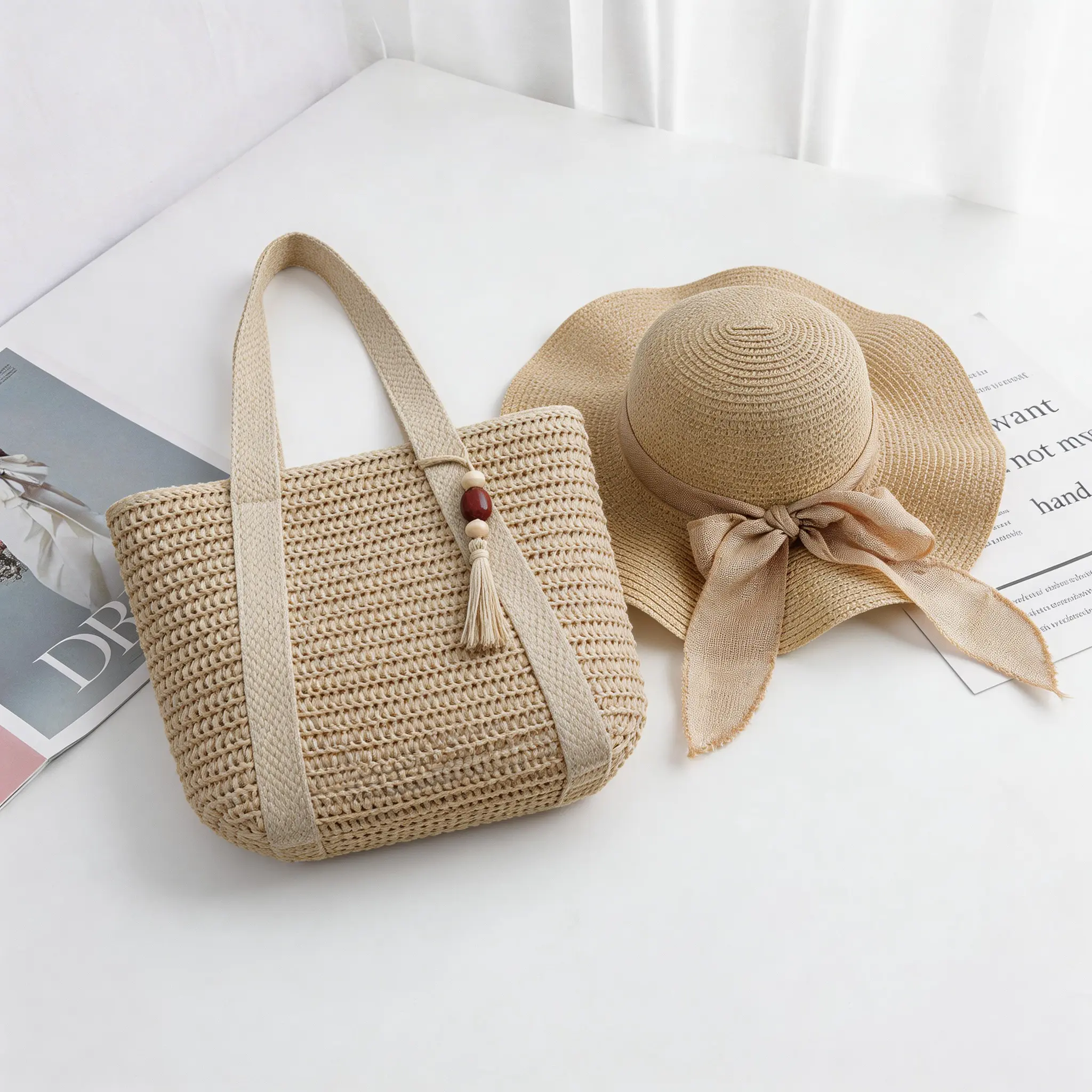 Set de bolso tote de paja para mujer + sombrero de sol plegable gratis, bolso de playa tejido a mano de gran capacidad para vacaciones, viajes, playa y uso diario, diseño elegante y moderno