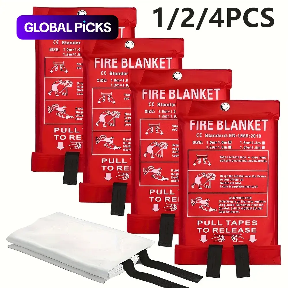 Heat-Resistant Fiberglass Fire Blankets with Pull Tabs, 4 Counts Reusable Fire Safety Equipment for Kitchen, Home, School and Office, Survival Gear and Supplies #GLOBAL PICKS