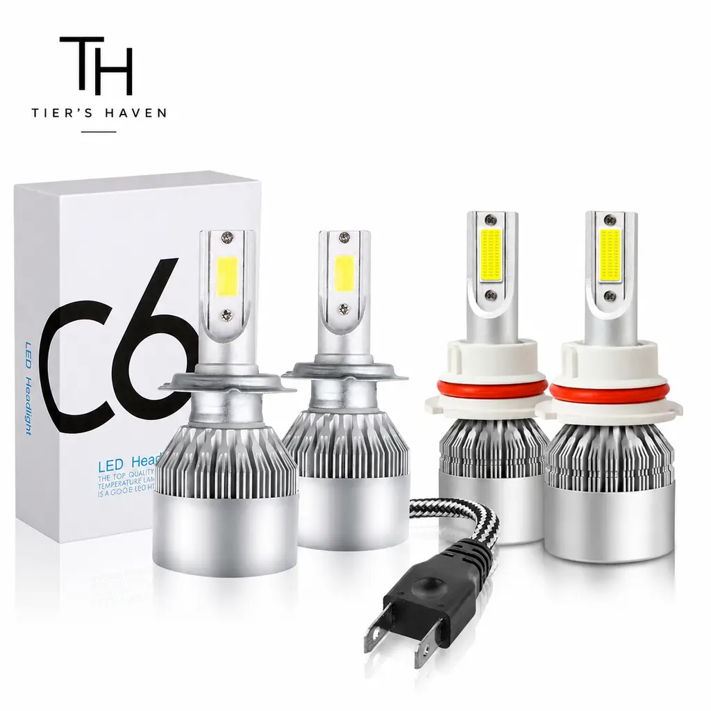 Tier's Haven 2PCS H7+2PCS 9007 Car LED Light, 6000K 3800LM Super Bright High and Low Beam Bulb C6 LED Fog Light Headlight Bulb Replacement, Plug & Play, Car/trucks