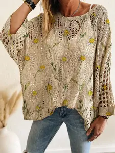 Spring Summer Women's Knit Top, One Shoulder Hollow Out Batwing Sleeve, Colorblock Floral Print, Casual Elegant Commuter Wear