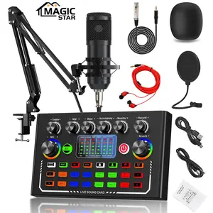 Professional Podcast Microphone Set, Live Podcast Set, RGB Lighting Atmosphere Artifact, Suitable for Mobile Phone/Computer/PC, Music/Recording DJ Disco Device Live Streaming, Live Audio Mixer